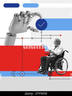 Robotic hand interacting with elderly man in wheelchair holding clipboard, representing integration of robotics in supportive healthcare. Stock Photo