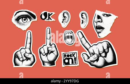 Body parts collage elements eye-hand nose ear smiling mouth and lips showing ok sign, easily editable. Stock Vector