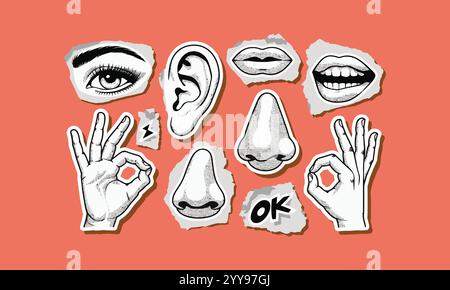 Body parts collage elements eye-hand nose ear smiling mouth and lips showing ok sign, easily editable. Stock Vector