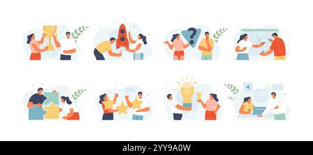 Team man and woman in different business situations. Idea, planning, success, collaboration, feedback, problem solving. Vector illustration set Stock Vector