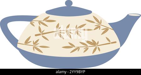 Light blue ceramic teapot featuring bamboo decoration, set against a clean white background, creating an inviting atmosphere for savoring a delightful cup of tea Stock Vector