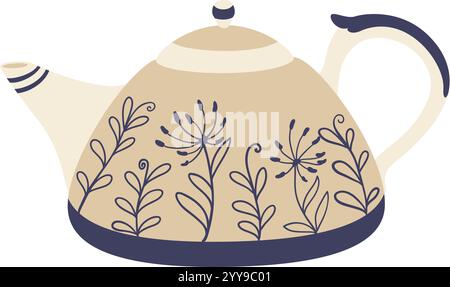 Beige teapot with floral decoration showing dandelion and leaves, isolated on white background, perfect for tea lovers and kitchenware enthusiasts Stock Vector