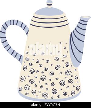 Cream colored teapot with a unique spiral pattern and striped handle and spout, evoking a vintage charm and adding a touch of elegance to tea time Stock Vector