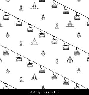 Ski Resort Seamless Pattern with Skiers and pine trees. Mountain lift skiing background winter resort with people. Vector graphic line illustration Stock Vector