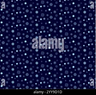 Random falling snow flakes wallpaper. Snowfall dust freeze granules. Snowfall sky white teal blue background. Many snowflakes february vector. Snow na Stock Vector