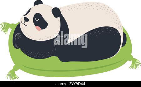 Adorable panda lying on its side on a soft green pillow with decorative tassels, sleeping soundly with a content expression, creating a heartwarming and peaceful scene Stock Vector