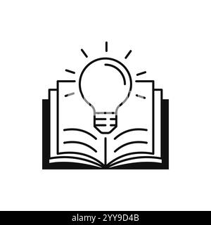 open book with lightbulb, concept new knowledge, understanding wisdom in study, creative idea, thin line symbol on white background Stock Vector