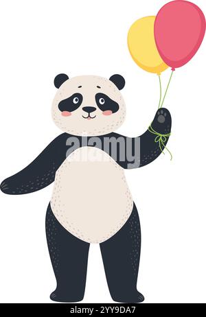 Adorable panda bear holding two colorful balloons, celebrating a birthday or special occasion, bringing joy and festive cheer with its charming presence Stock Vector