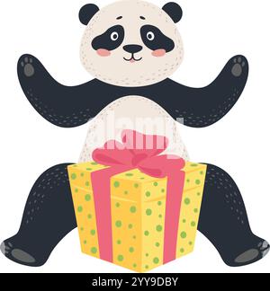 Adorable panda bear sitting with a yellow gift box with pink ribbon, arms raised in excitement, celebrating a special occasion with joy and gratitude Stock Vector