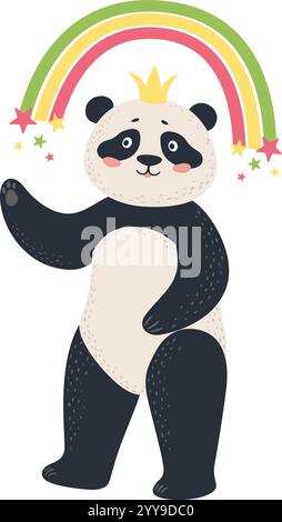 Adorable panda bear wearing golden crown waving paw standing under colorful rainbow with shining stars, cartoon vector illustration isolated on white background Stock Vector