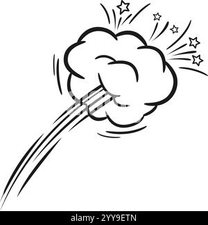 Black and white illustration featuring a cartoon smoke cloud rapidly emitting stars, enhanced by dynamic speed lines, all set against a clean white background Stock Vector