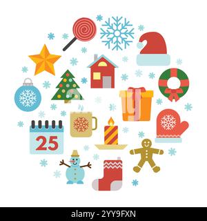 Christmas icons set with snowflakes in circle. New Year decoration in flat style. Vector illustration Stock Vector