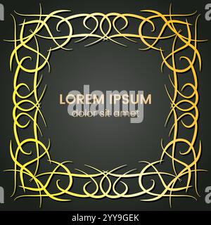 A square golden monogram element on a dark background. Vector illustration. Stock Vector