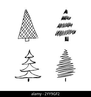 Hand drawn Christmas trees. Set of four monochrome sketched illustrations of firs.  Winter holiday doodle elements. Vector illustration Stock Vector
