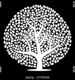 White tree with leaves on black background. Vector illustration Stock Vector