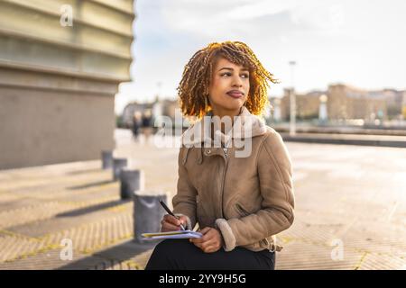 Beauty latin woman with curly hair writing notes sitting in the city during a cold and sunny day Stock Photo