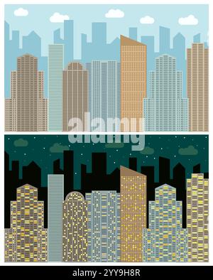 Street view with cityscape, skyscrapers and modern buildings in the day and night. Vector urban landscape illustration. Stock Vector