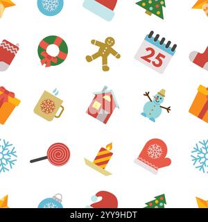 Christmas Seamless Pattern with icons in flat style. Vector illustration Stock Vector