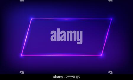 Neon rectangular frame with shining effects on dark background. Empty glowing techno backdrop. Vector illustration. Stock Vector