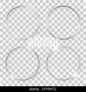 Set of four silver shiny round frames with glowing effects and shadows on transparent background. Vector illustration Stock Vector