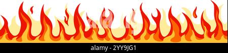 Seamless horizontal pattern of realistic cartoon fire flames burning brightly with red, orange and yellow colors against a white background, creating a vibrant and energetic visual Stock Vector