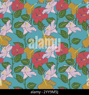 Colorful hibiscus hand drawn flower with tropical leaf seamless vector pattern design for summer holidays background, hibiscus flowers with palm tree Stock Vector