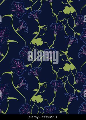 Morning glory floral pattern, tropical seamless vector pattern with morning glory flowers and leaves background. Vector seamless exotic tropical Stock Vector