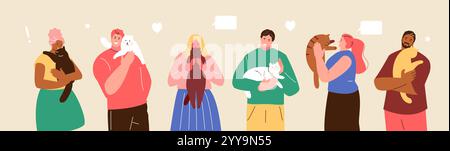 Happy cat owners with their pets in their arms. Friendship and care for pets Stock Vector