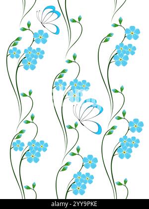 Seamless vertical pattern with forget me not flowers and butterflies. Stock Vector