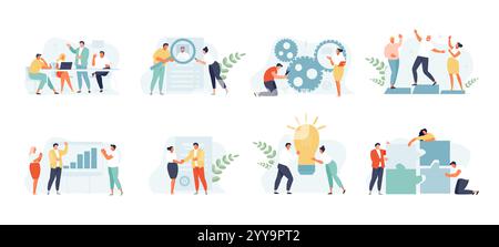 Business people group concept. Planning, teamwork, discussion, collaboration Vector web Template Set Stock Vector