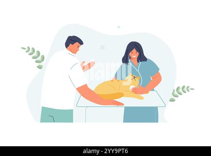 Woman veterinary doctor examines a cat. Consultation and reception in the veterinary clinic. Care and treatment of pets vector illustration Stock Vector