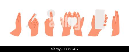 Hands collection in various positions. Greeting, writing, holding a smartphone, touching human gestures Stock Vector