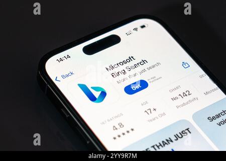 New York, USA - December 20, 2024: Microsoft Bing app displayed on smartphone screen with logo. Search engine application offering web browsing and AI Stock Photo