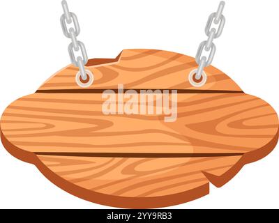 Oval wooden signboard with rounded edges is hanging from two metal chains on white background, creating a rustic and inviting display for text or graphics Stock Vector