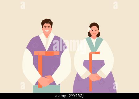 Korean people in traditional national costumes. Welcome to Korea vector illustration Stock Vector