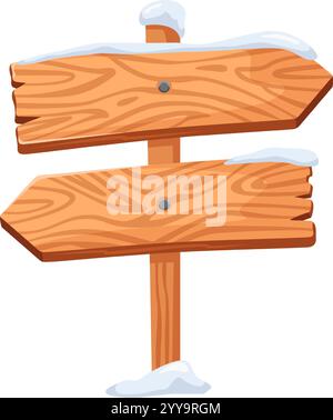 Snow covered wooden arrow signs pointing left and right mounted on a wooden pole indicating different directions, ideal for winter, christmas or holiday projects Stock Vector