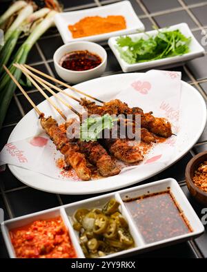 Delicious grilled meat skewers served on a white plate, garnished with fresh coriander and accompanied by a variety of spicy condiments, sauces Stock Photo