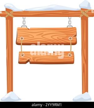 Wooden sign hanging from a snowy wooden signpost, secured with chains and ropes, providing an ideal backdrop for winter or Christmas announcements and messages Stock Vector