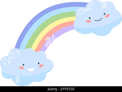 Two happy clouds are smiling and connected by a bright rainbow in this cheerful illustration, perfect for children's designs and projects related to weather, happiness, and imagination Stock Vector