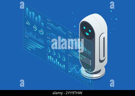 Isometric AI robot interacting with digital analytics interface, displaying KPIs and data insights. Robot analyzing data on holographic screen Stock Vector