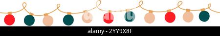 Christmas lights looped garland with colored circle bulbs. Xmas festive long string decoration with hanging retro lightbulb. Glowing lamps for holiday Stock Vector