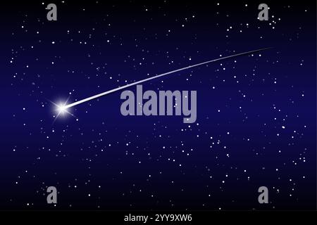 Shooting star background against dark blue starry night sky. Bright comet tail, glowing comet flies in space. vector illustration Stock Vector