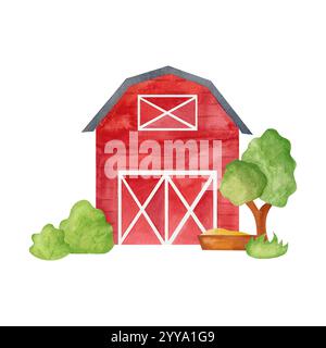 Red barn with trees and bushes: Watercolor illustration of a red barn surrounded by green trees and bushes on a farm. Perfect for rural themes, greeti Stock Photo