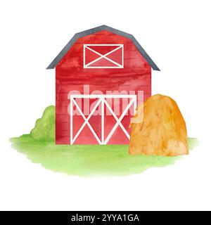 Barn with a haystack Illustration . A watercolor depiction featuring farm life, natural scenery, and a cozy rural atmosphere or rustic decor elements. Stock Photo