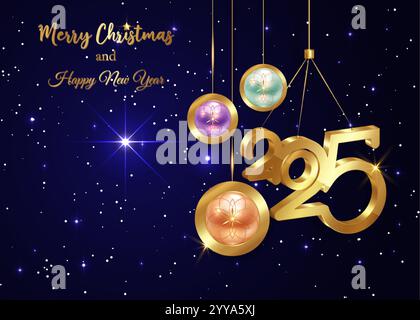 Christmas luxury holiday banner with gold handwritten Merry Christmas and 2025 Happy New Year greetings and gold colored Christmas balls. Vector Stock Vector