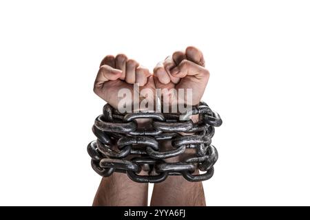 Two hands in chains isolated on white background with clipping path Stock Photo