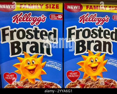 Boxes of Kellogg's Frosted Bran Cereal on a store shelf Stock Photo