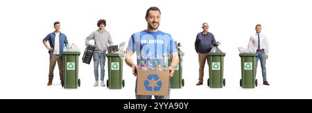 Men volunteering and colecting waste for recycling isolated on white background Stock Photo