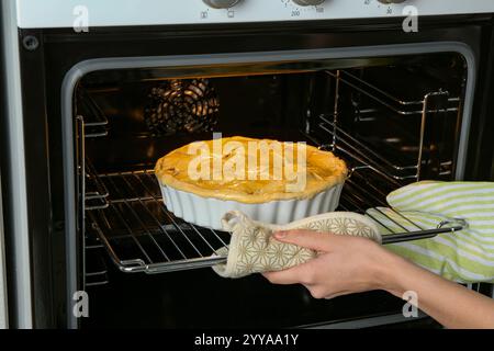 Woman putting homemade apple pie into oven in kitchen, closeup Stock Photo