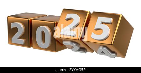 New year holiday concept. Cubes with number 2025 replace 2024. Abstract illustration isolated on white Stock Photo